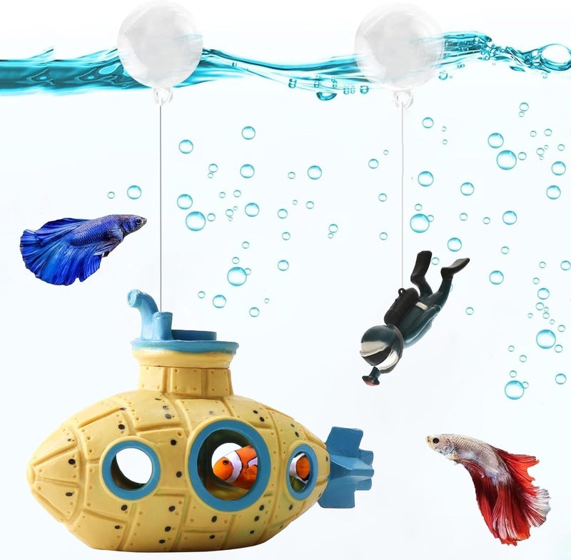 SUPTEC Floating Fish Tank Decoration, LittleCute Retro Submarine AquariumDecoration with Two Float Balls,Resinous Fish Tank Accessorie - Image 1